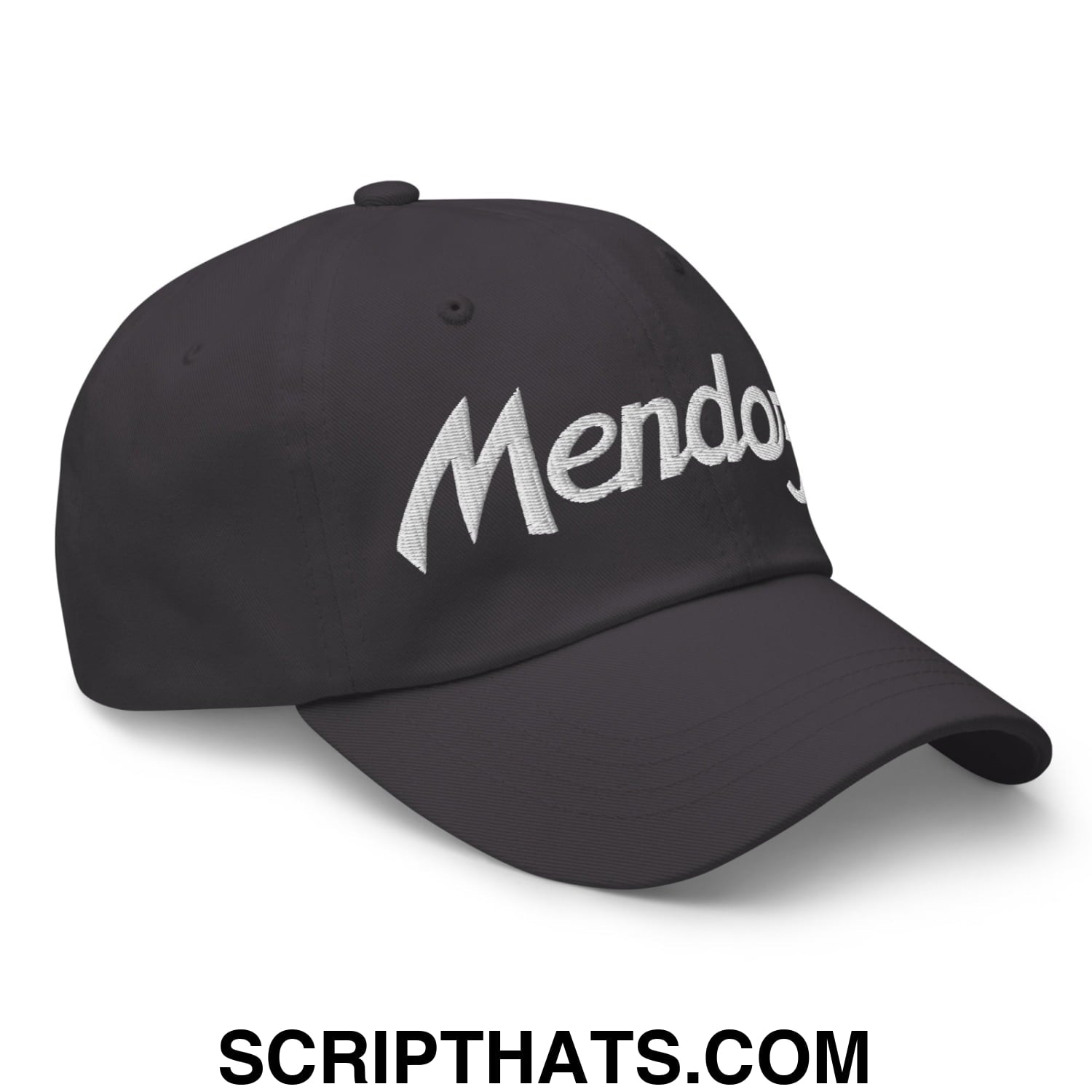 Black unstructured dad hat with white embroidered mendocino logo ideal for sports and casual wear