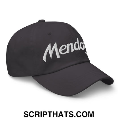 Black unstructured dad hat with white embroidered mendocino logo ideal for sports and casual wear