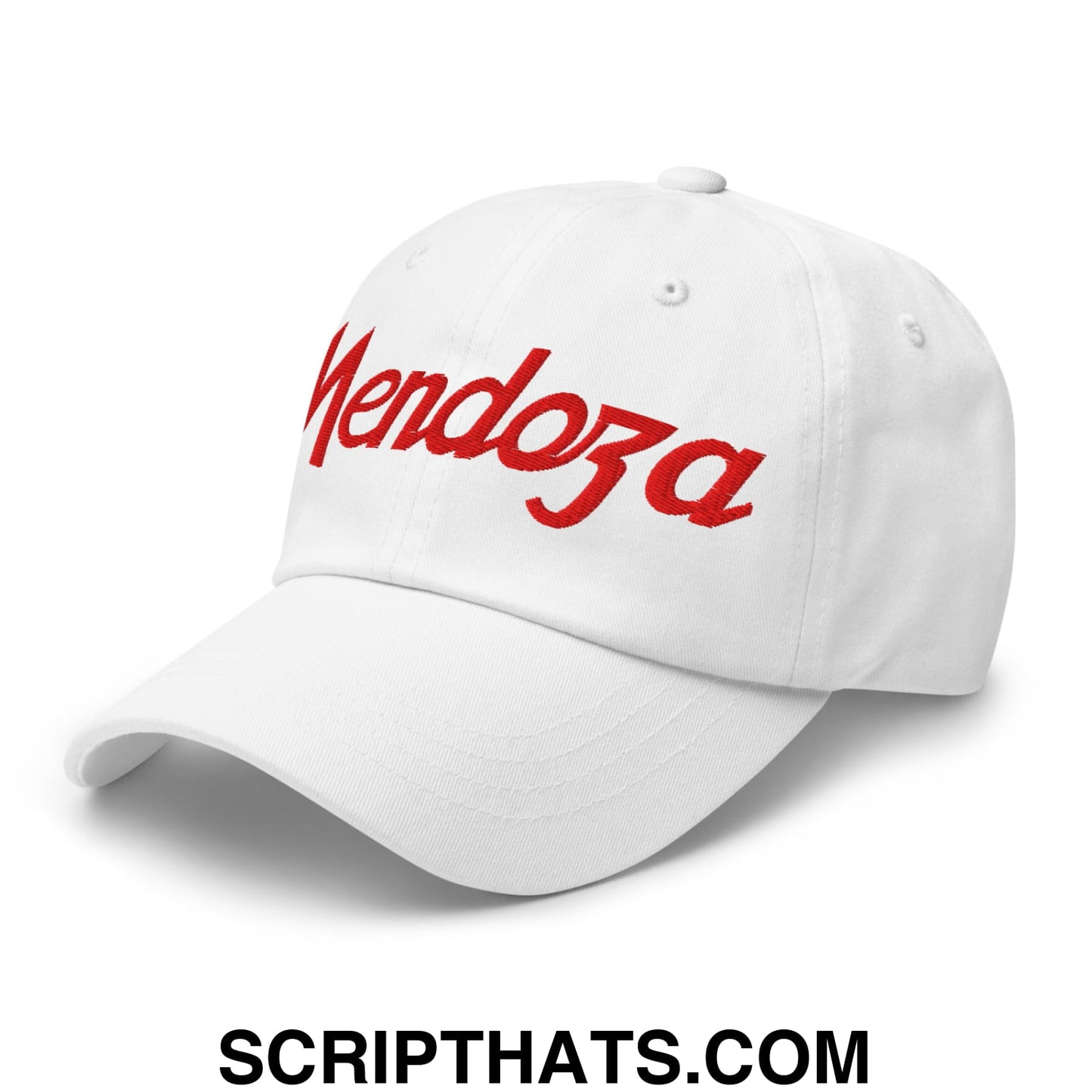 White unstructured dad hat with red embroidered mendoza script for sports and football by Fernando Mendoza