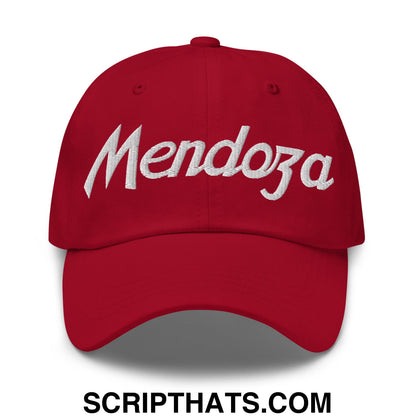 Red unstructured dad hat with white embroidered mendoza script front for sports and casual wear