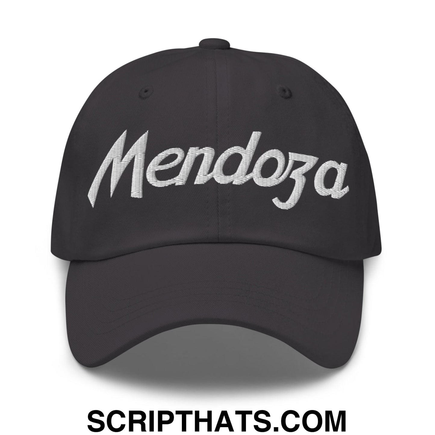 Black unstructured dad hat with white embroidered mendoza script ideal for sports and casual wear