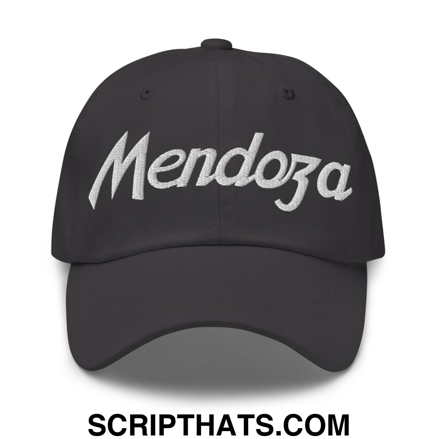 Black unstructured dad hat with white embroidered mendoza script ideal for sports and casual wear