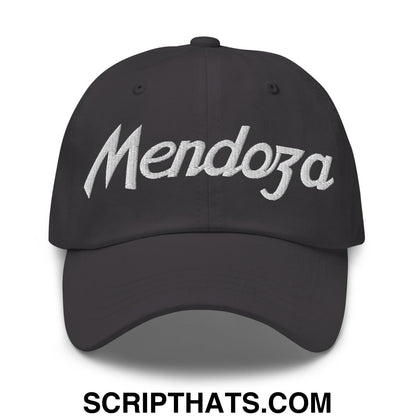 Black unstructured dad hat with white embroidered mendoza script ideal for sports and casual wear