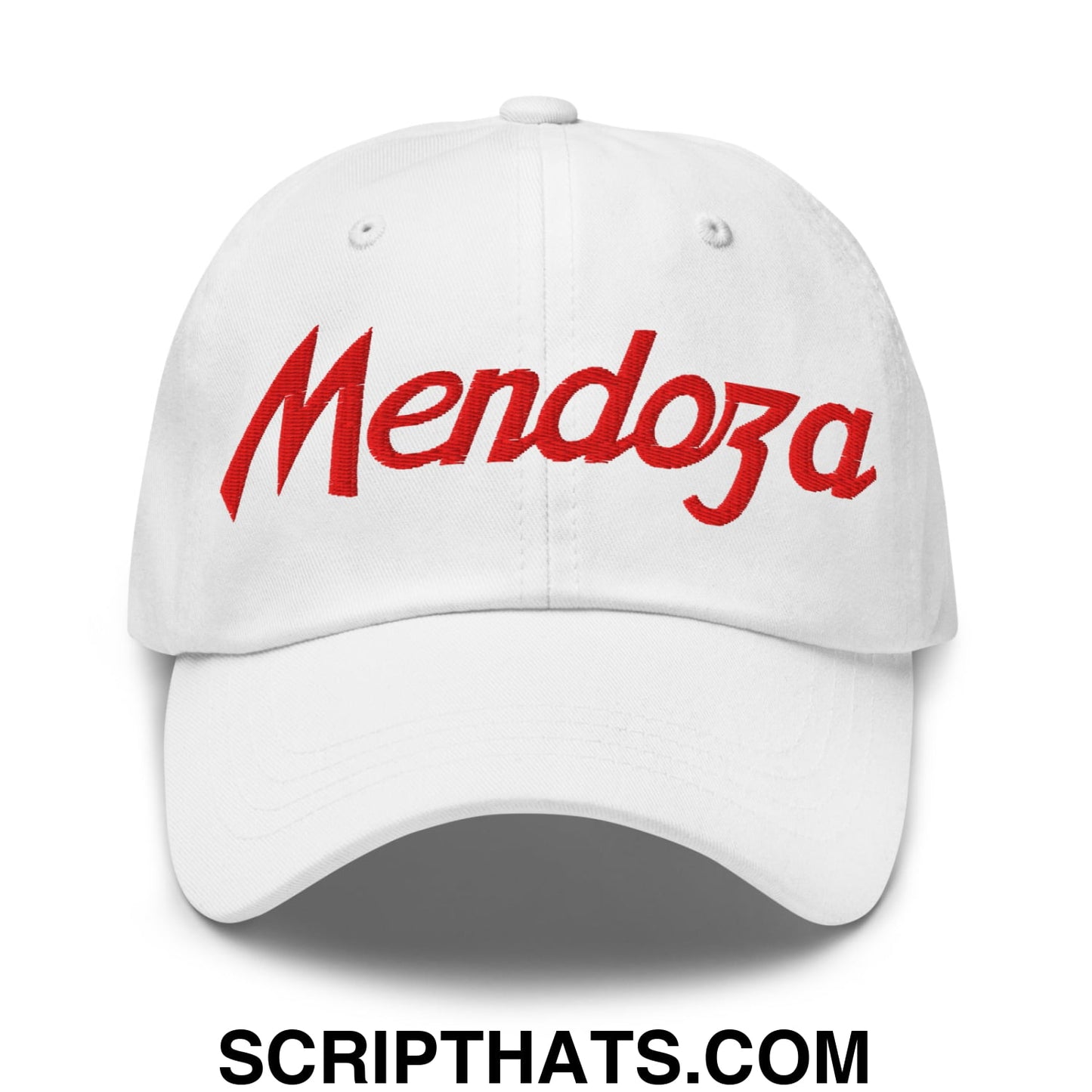 White unstructured dad hat with red embroidered mendoza script front for sports and football use