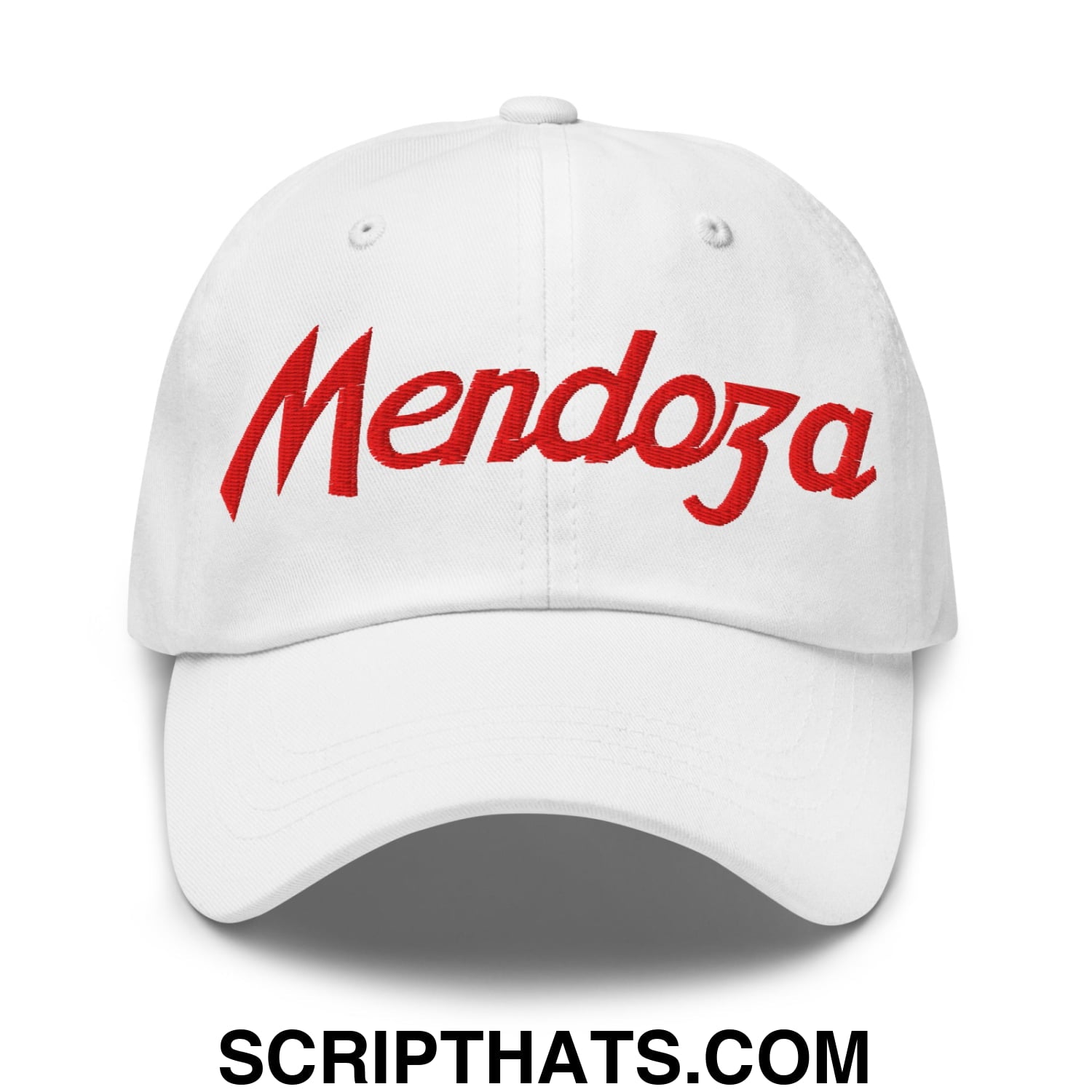 White unstructured dad hat with red embroidered mendoza script front for sports and football use