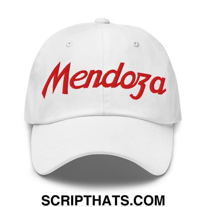 White unstructured dad hat with red embroidered mendoza script front for sports and football use