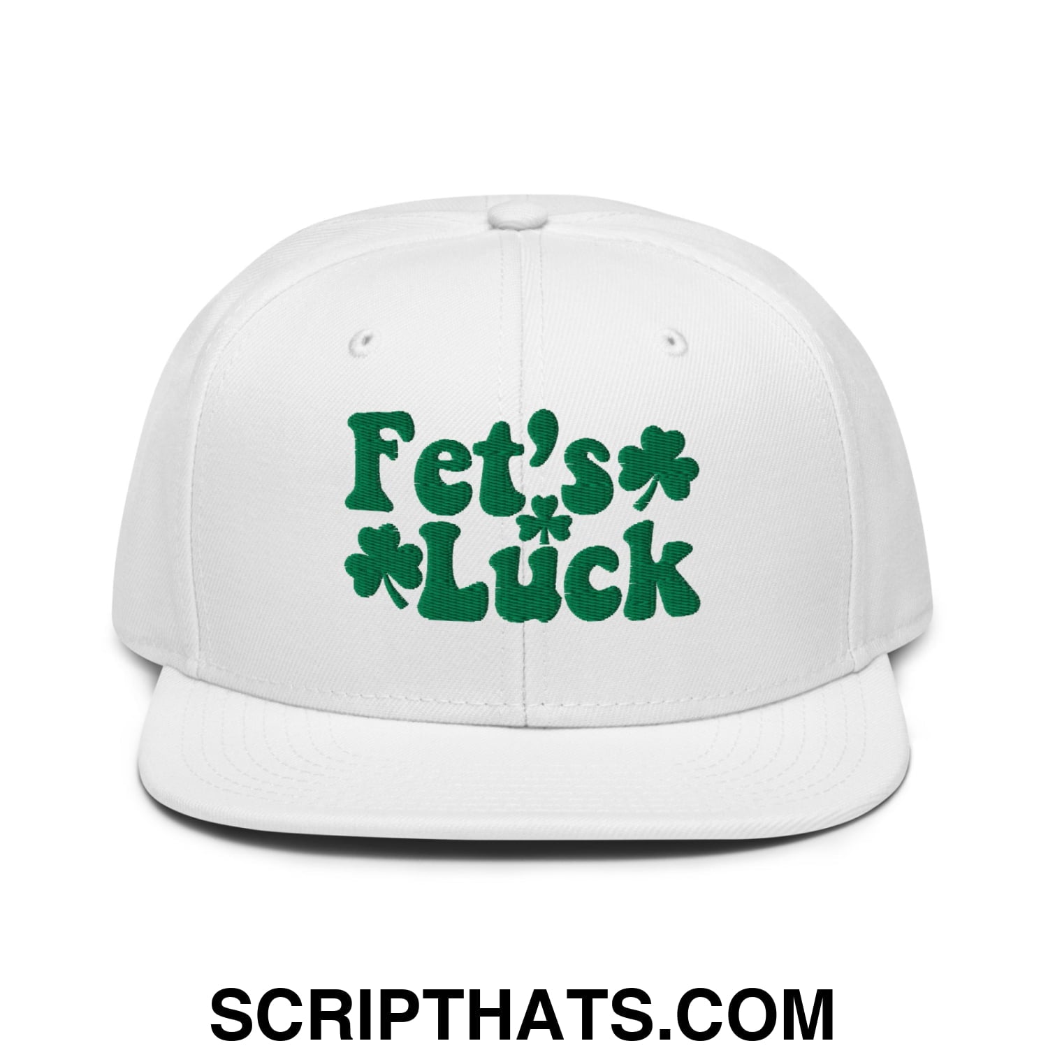 Fet's Luck St. Patrick's Day Embroidered Flat Brim Bill Snapback Hat White