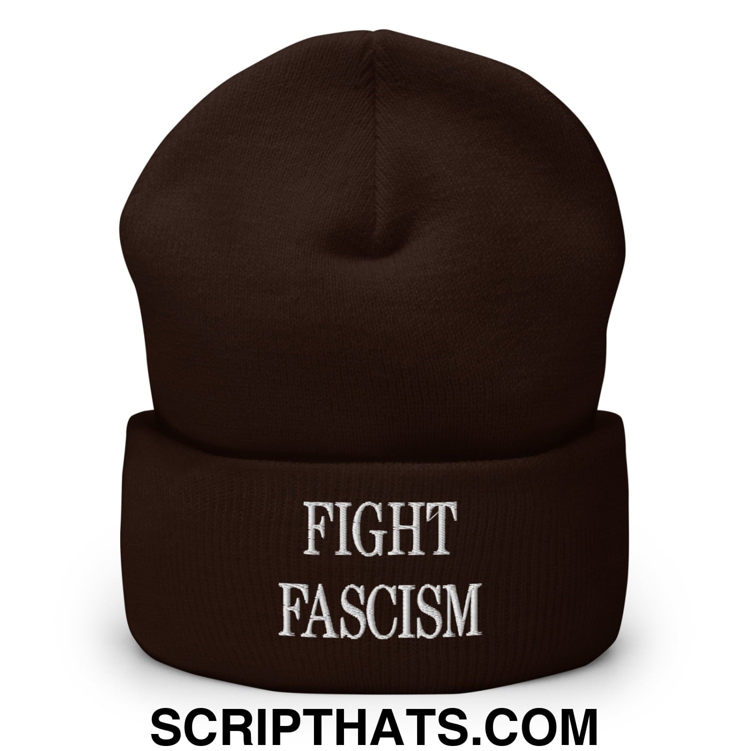 Fight Fascism Embroidered Cuffed Knit Beanie Brown