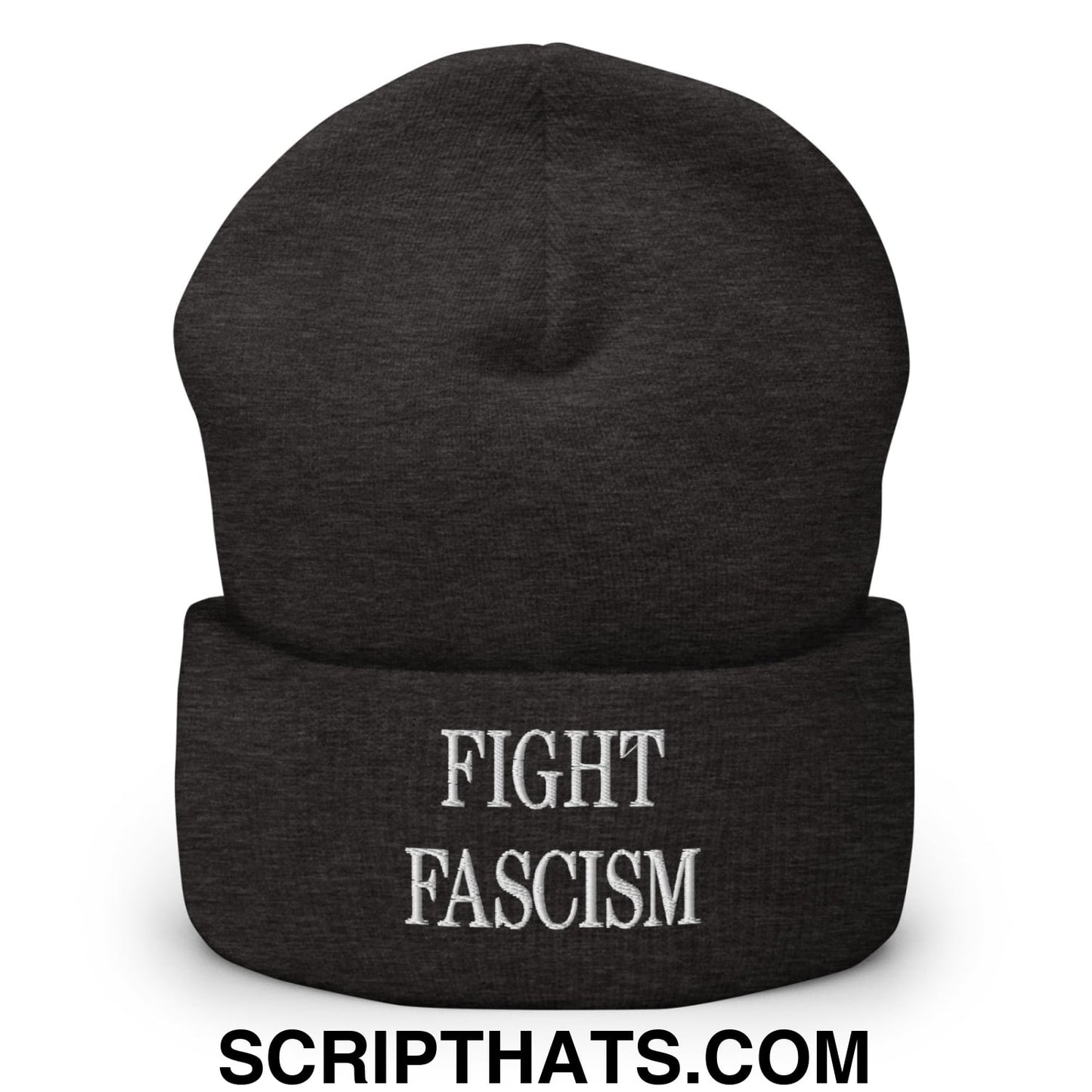 Fight Fascism Embroidered Cuffed Knit Beanie Dark Grey