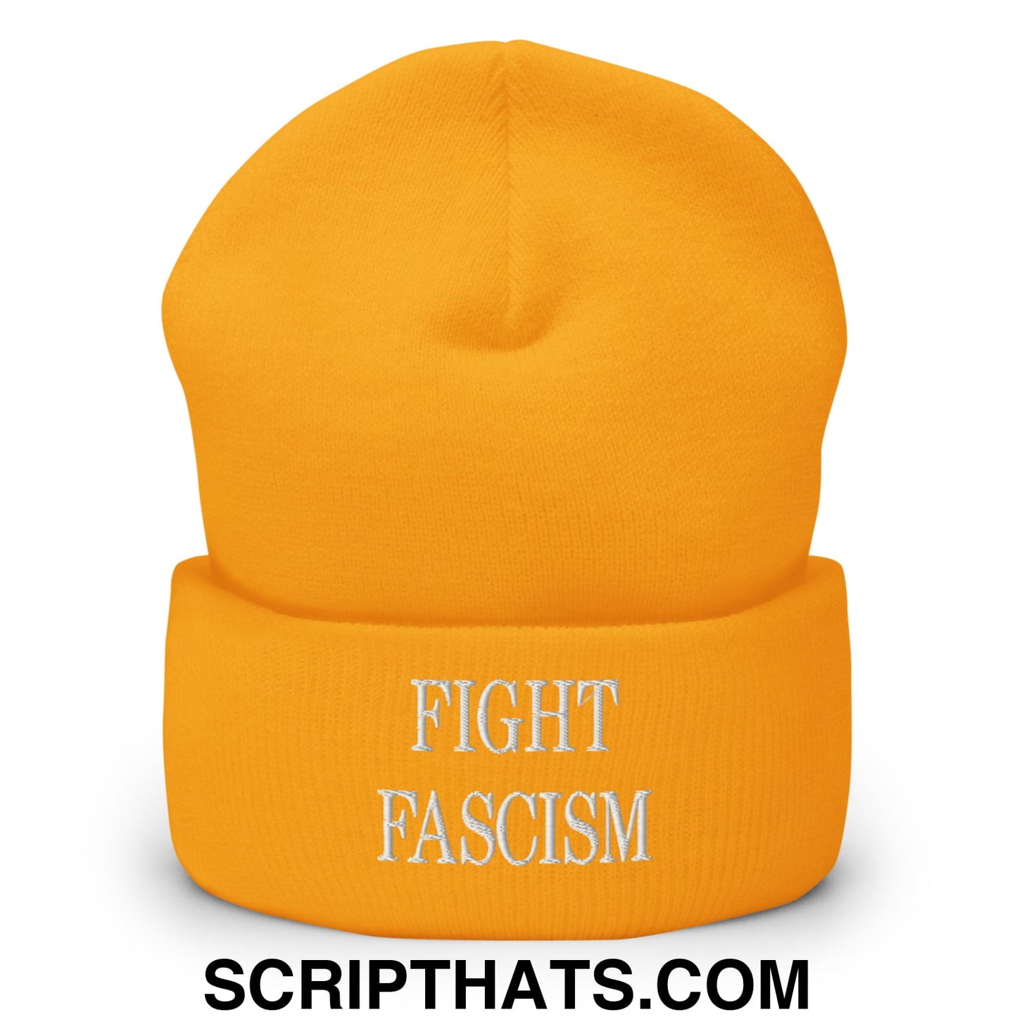 Fight Fascism Embroidered Cuffed Knit Beanie Gold