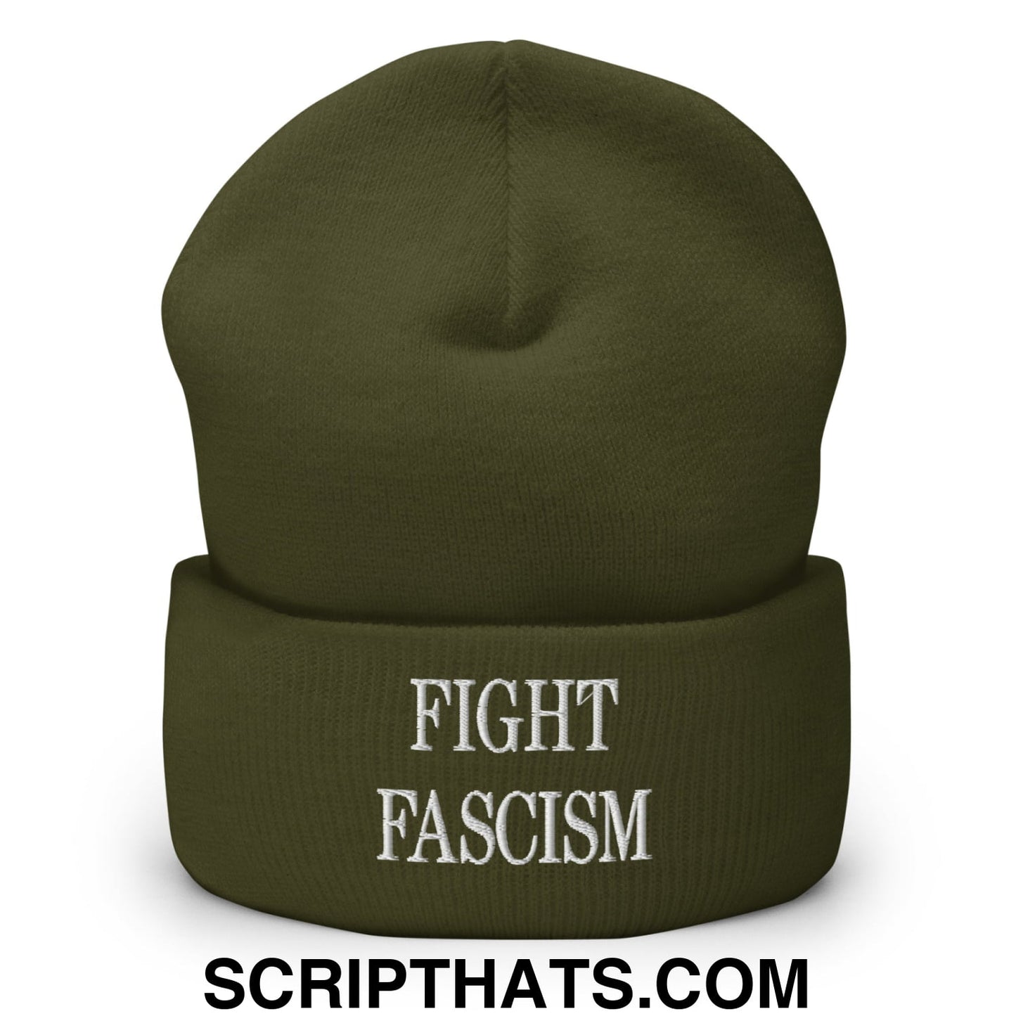 Fight Fascism Embroidered Cuffed Knit Beanie Olive