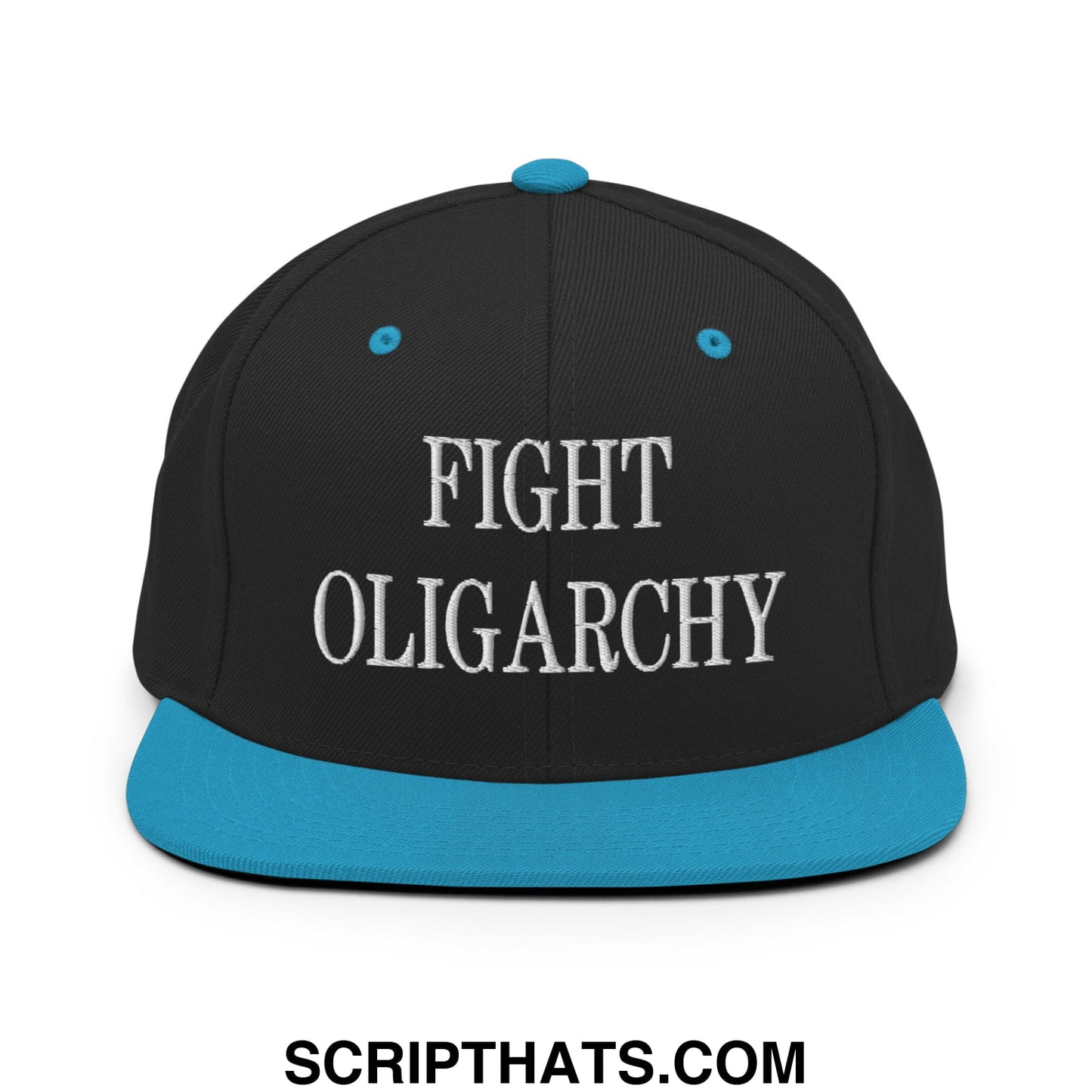 Fight Oligarchy Embroidered Flat Bill Brim Snapback Hat Black Teal