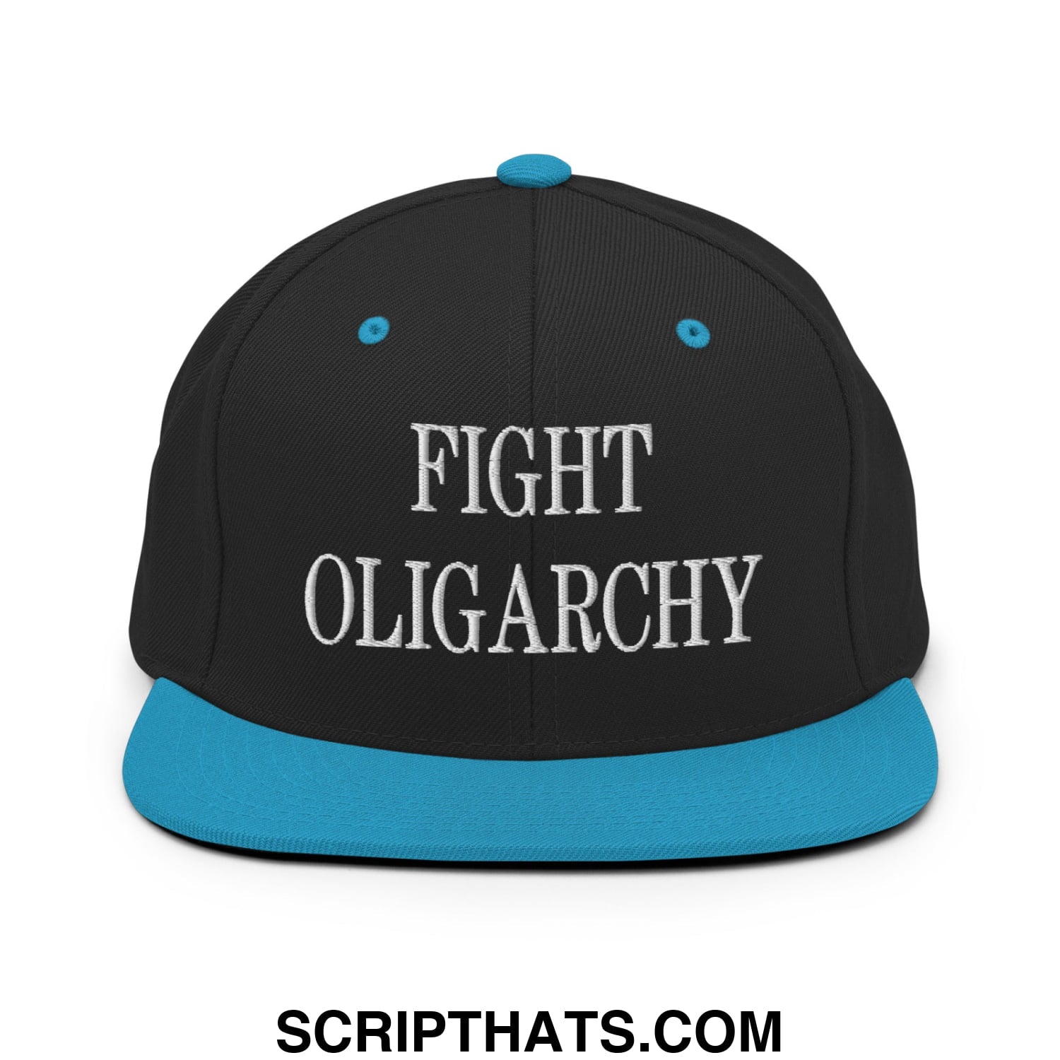 Fight Oligarchy Embroidered Flat Bill Brim Snapback Hat Black Teal