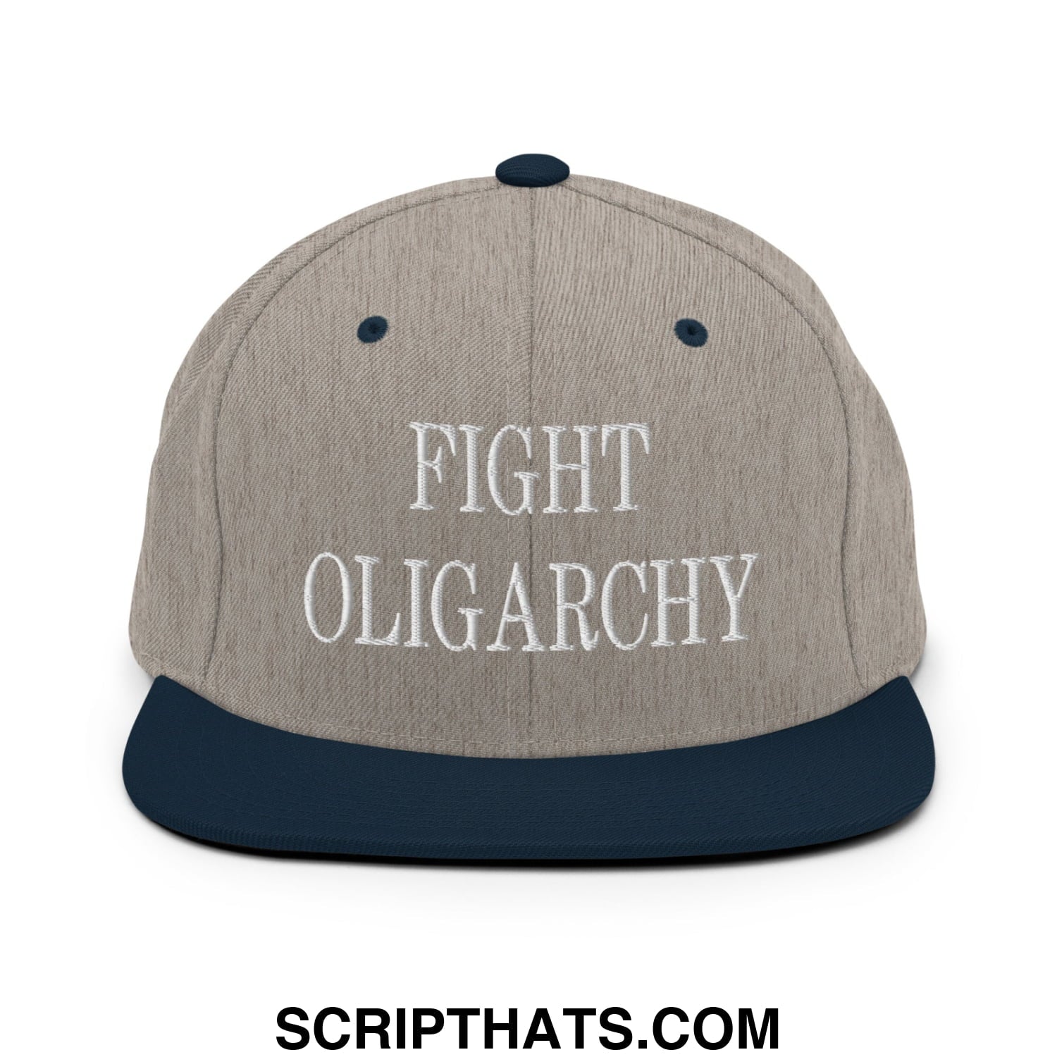Fight Oligarchy Embroidered Flat Bill Brim Snapback Hat Heather Grey Navy
