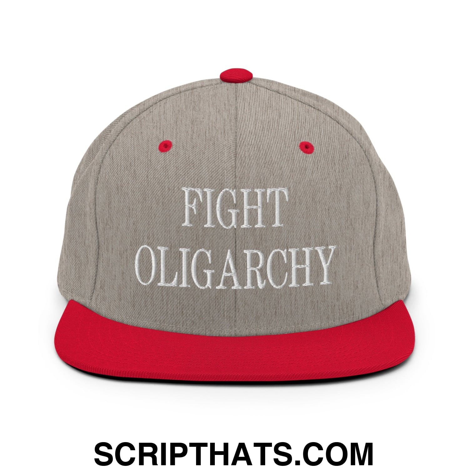 Fight Oligarchy Embroidered Flat Bill Brim Snapback Hat Heather Grey Red
