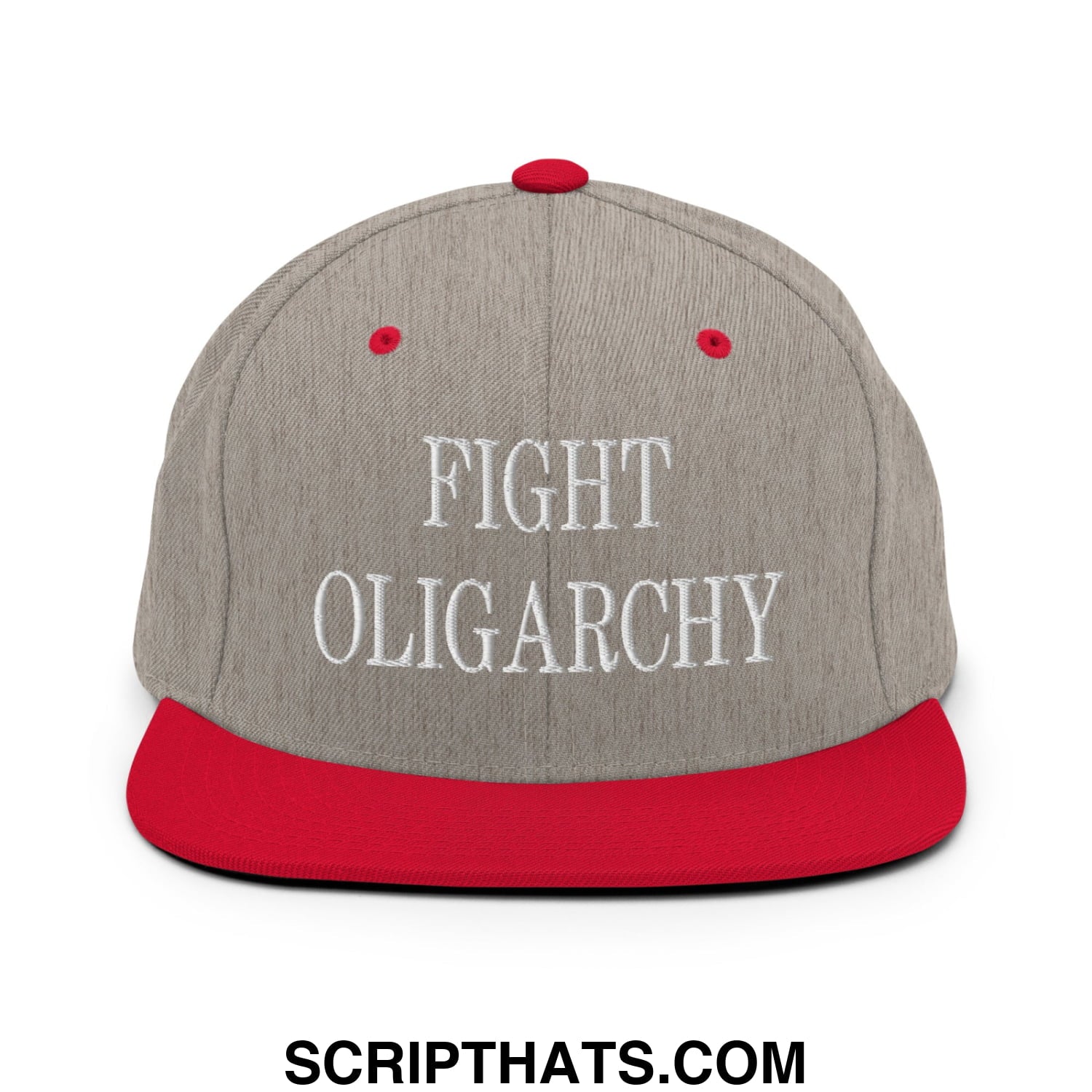 Fight Oligarchy Embroidered Flat Bill Brim Snapback Hat Heather Grey Red