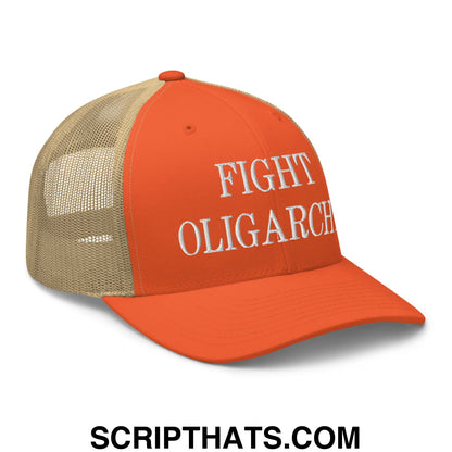 Fight Oligarchy Embroidered Mesh Trucker Hat Rustic Orange Khaki