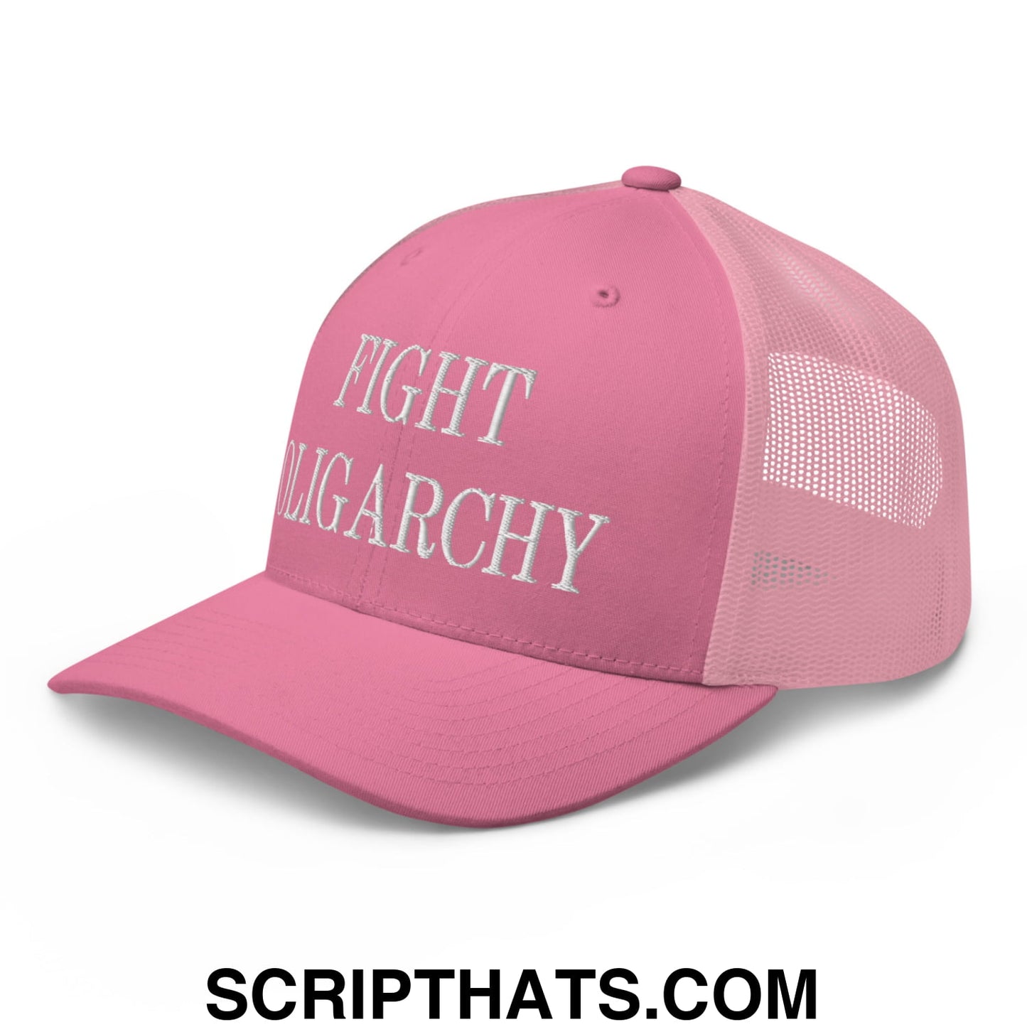 Fight Oligarchy Embroidered Mesh Trucker Hat Pink