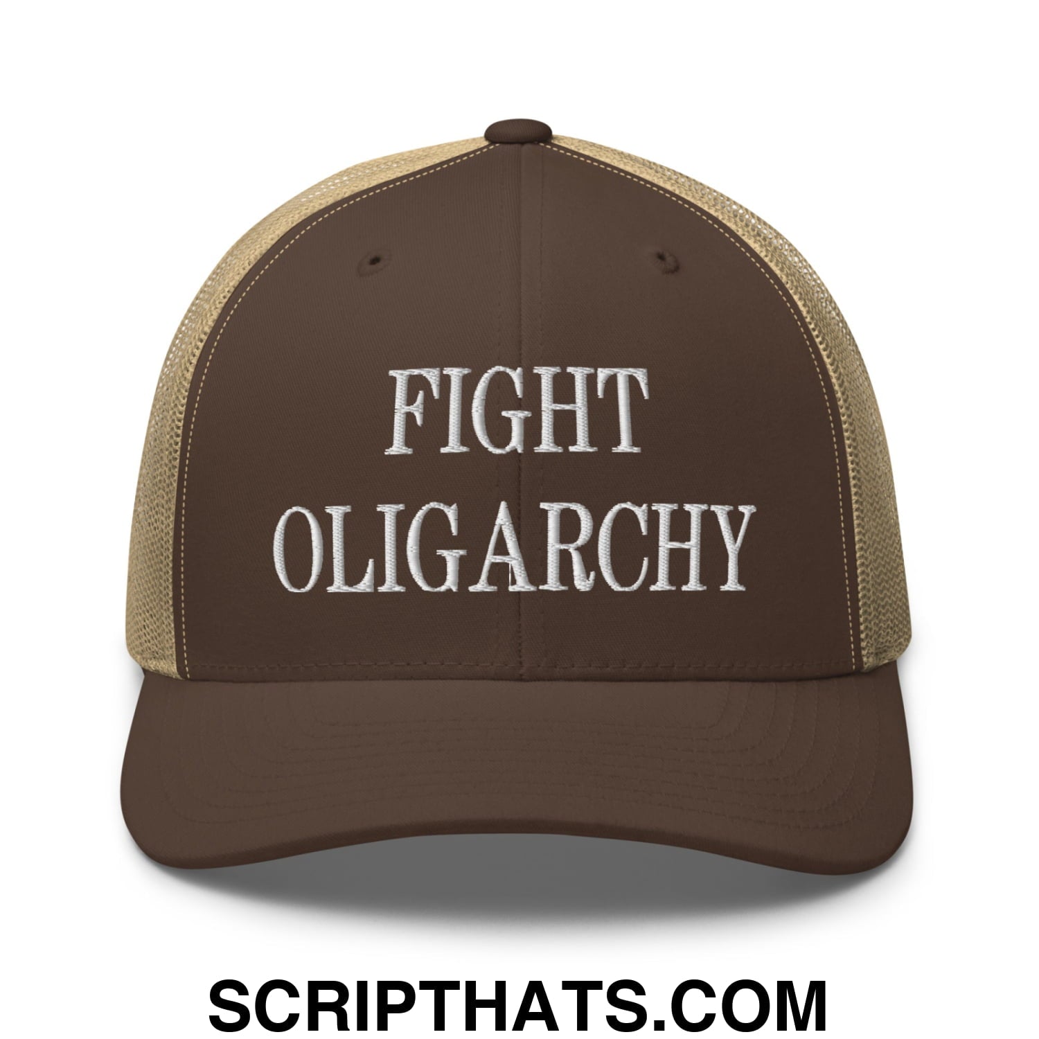 Fight Oligarchy Embroidered Mesh Trucker Hat Brown Khaki