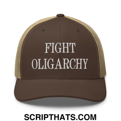 Fight Oligarchy Embroidered Mesh Trucker Hat Brown Khaki