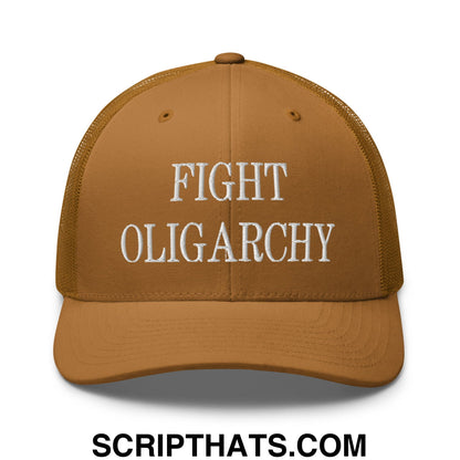 Fight Oligarchy Embroidered Mesh Trucker Hat Caramel