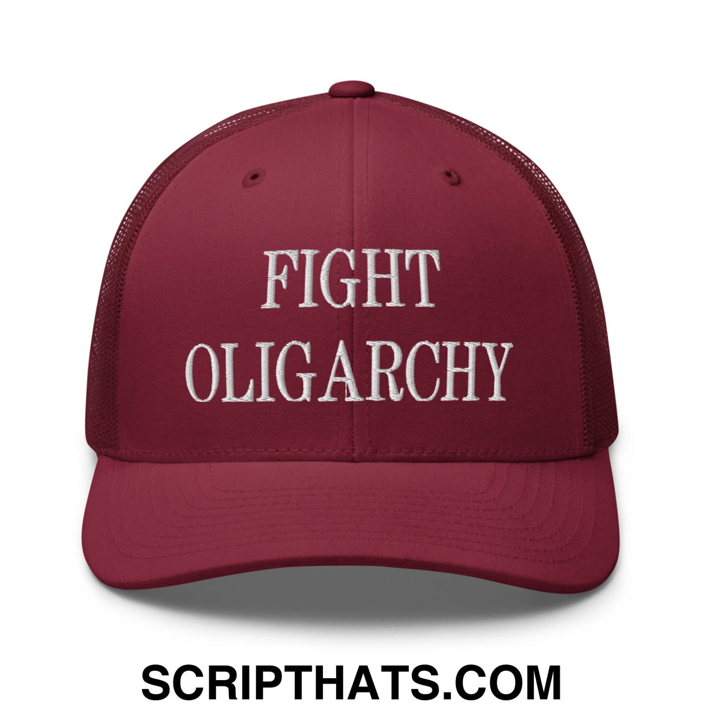 Fight Oligarchy Embroidered Mesh Trucker Hat Cranberry