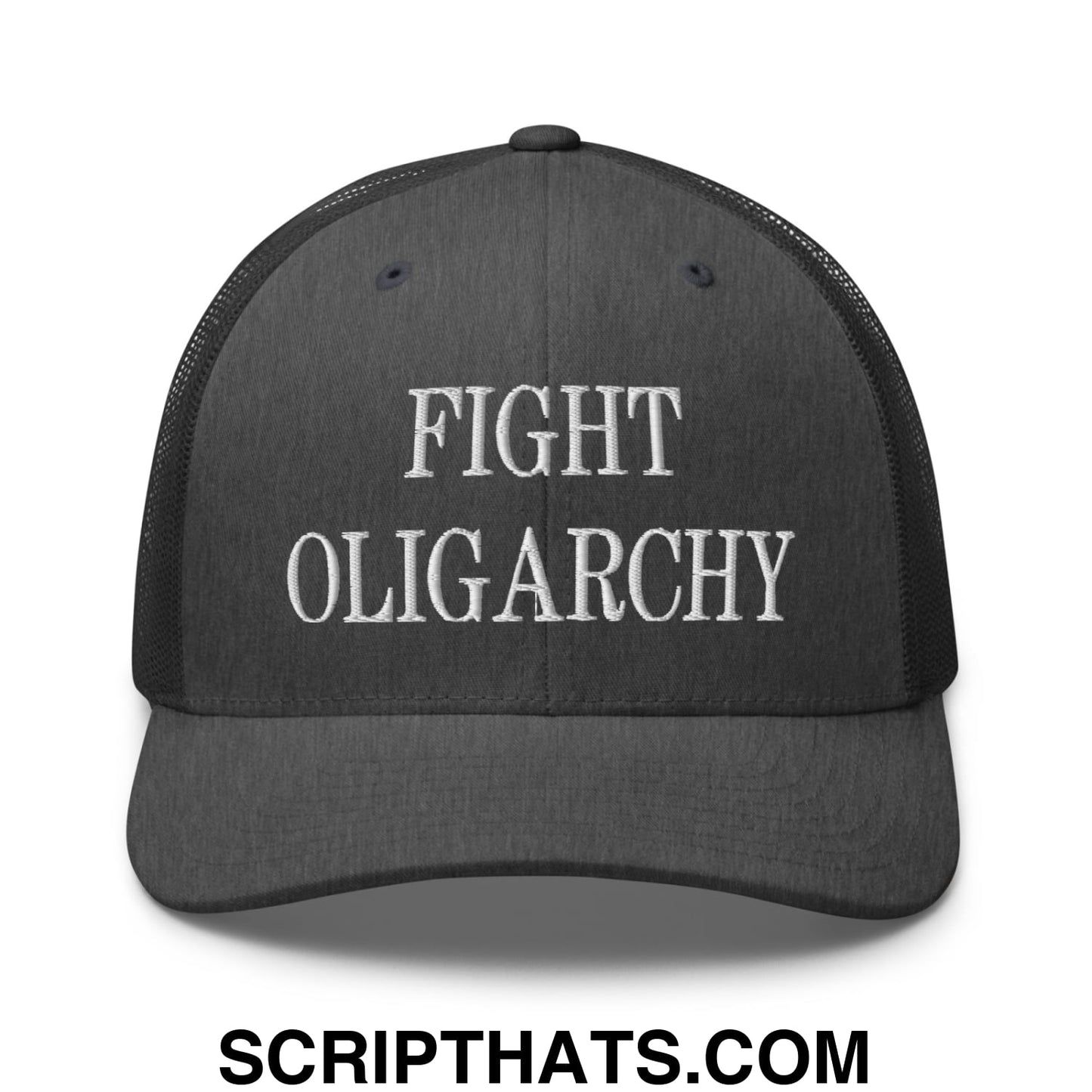 Fight Oligarchy Embroidered Mesh Trucker Hat Dark Heather Gray