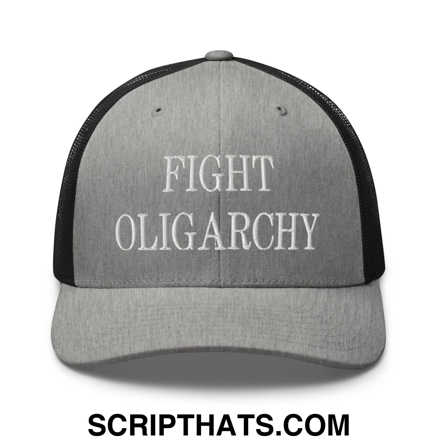 Fight Oligarchy Embroidered Mesh Trucker Hat Heather Black