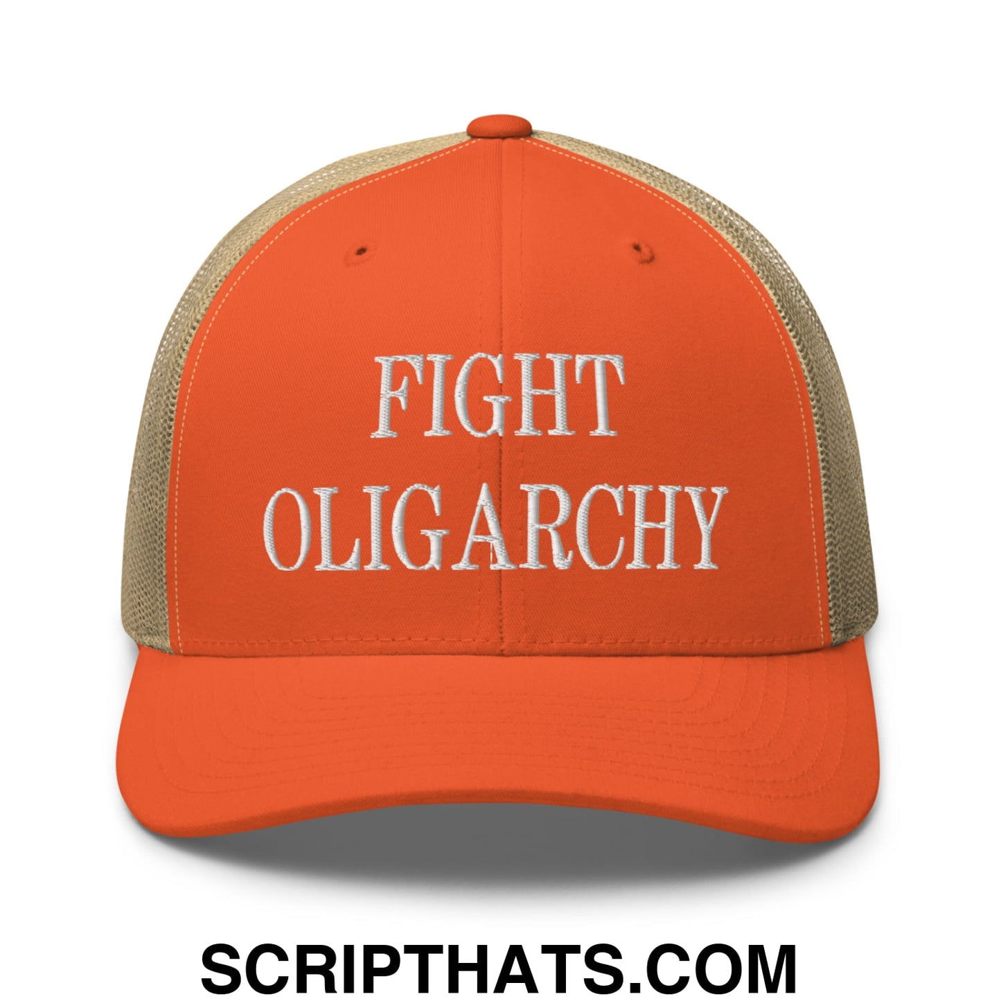 Fight Oligarchy Embroidered Mesh Trucker Hat Rustic Orange Khaki