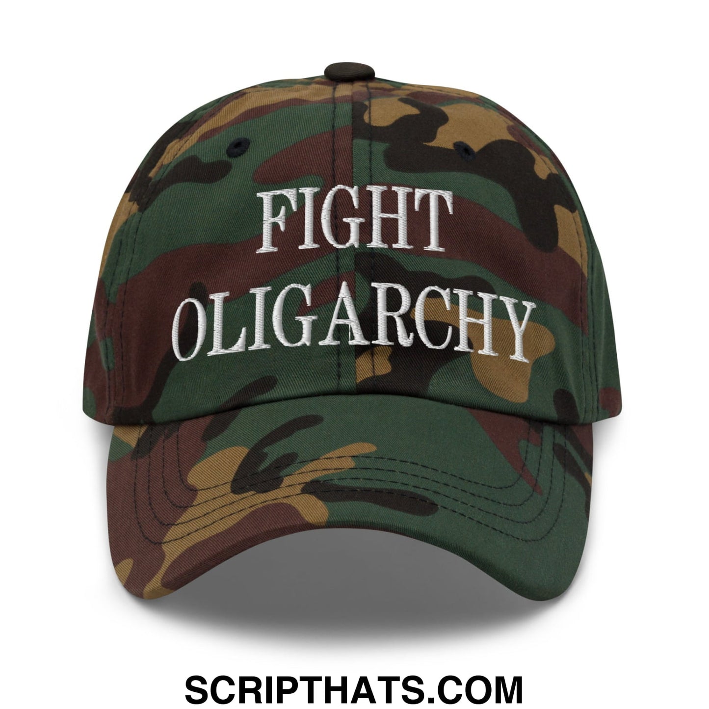 Fight Oligarchy Embroidered Unstructured Dad Hat Green Camo