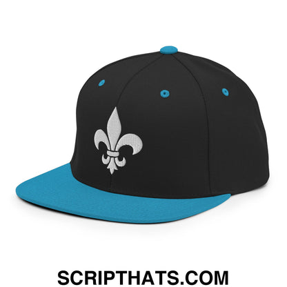 Fleur De Lis Mardi Gras Embroidered Flat Bill Brim Snapback Hat Black Teal