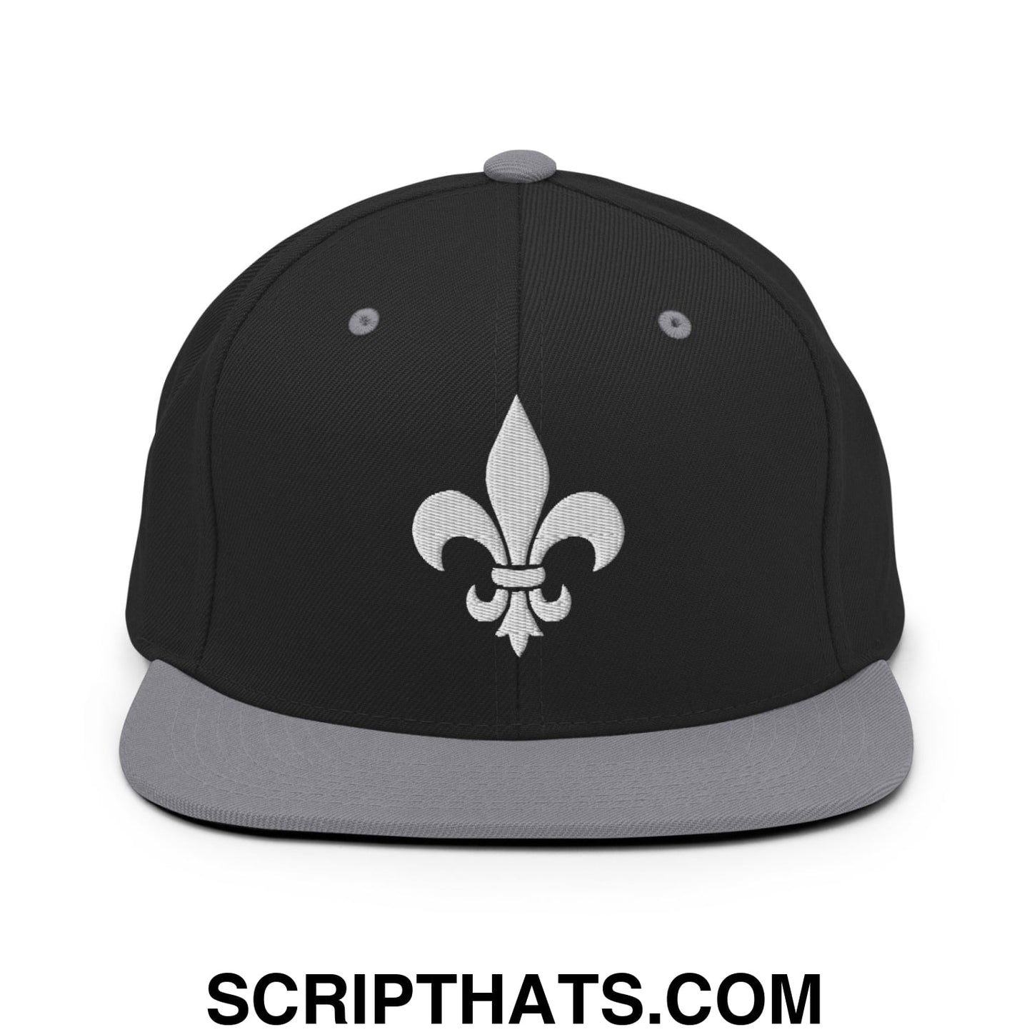 Fleur De Lis Mardi Gras Embroidered Flat Bill Brim Snapback Hat Black Silver