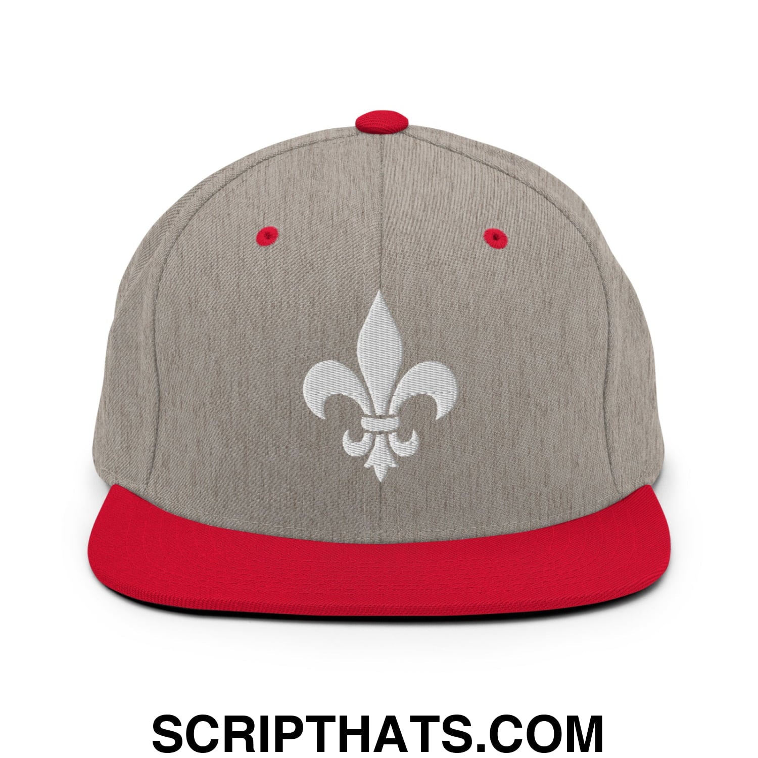 Fleur De Lis Mardi Gras Embroidered Flat Bill Brim Snapback Hat Heather Grey Red