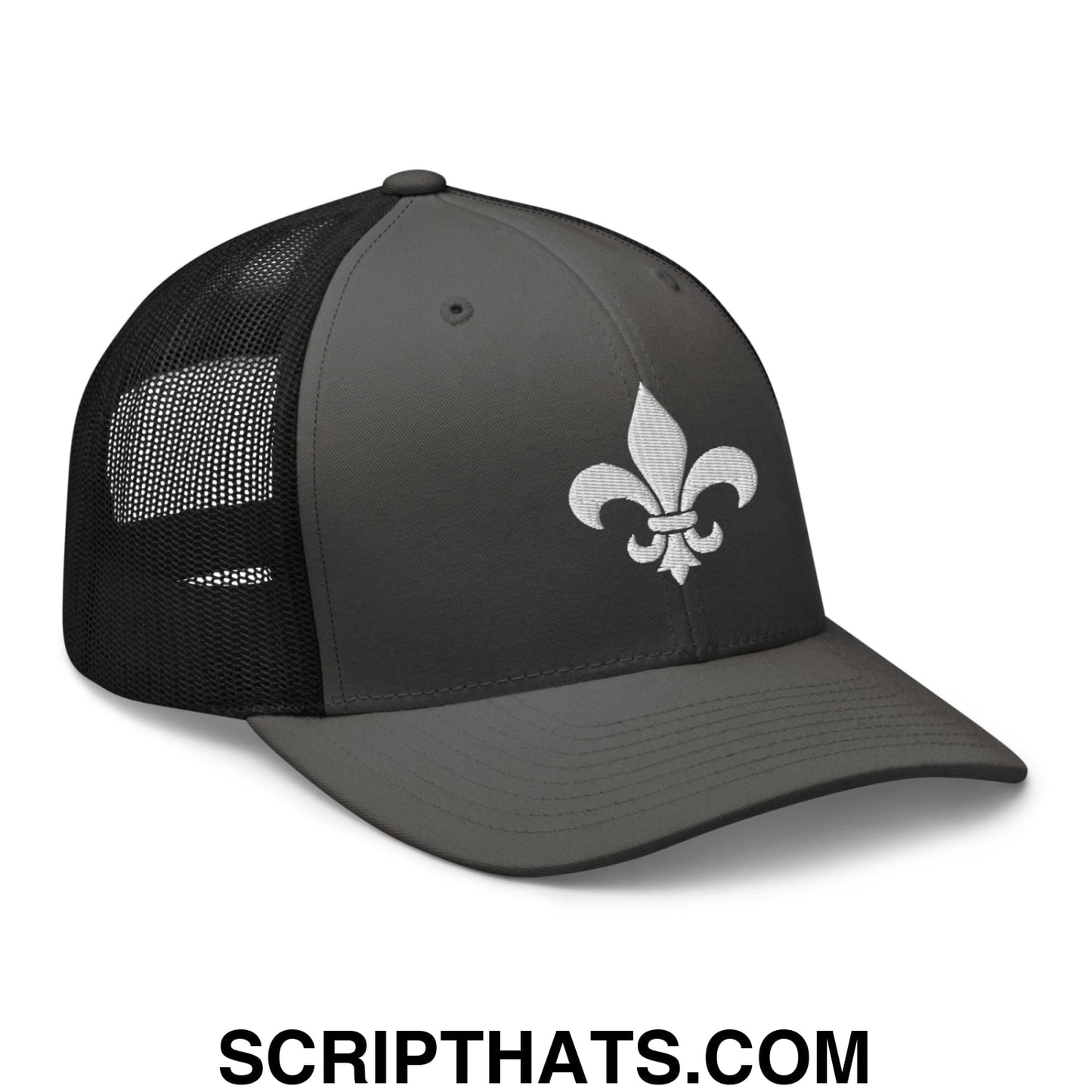 Fleur De Lis Mardi Gras Embroidered Mesh Trucker Hat Charcoal Black