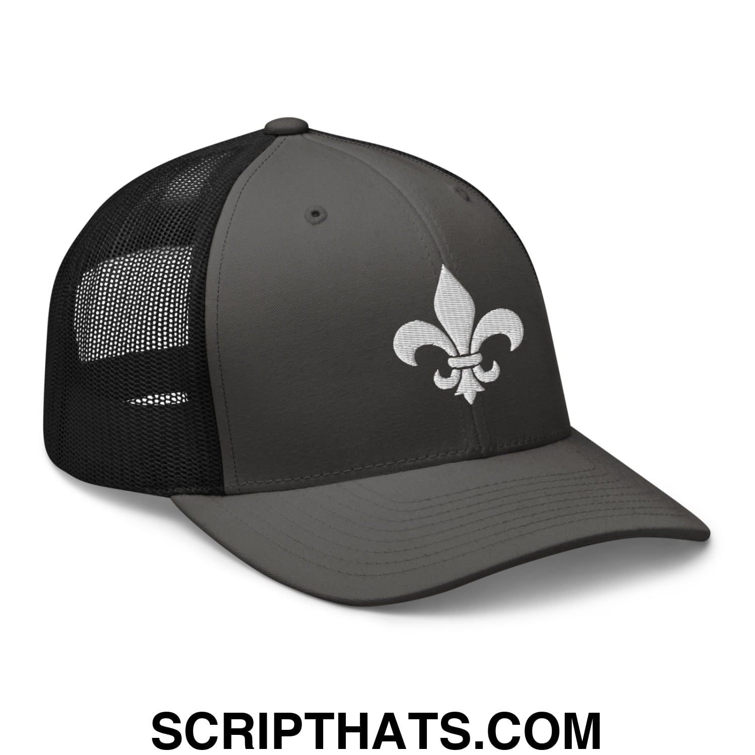 Fleur De Lis Mardi Gras Embroidered Mesh Trucker Hat Charcoal Black