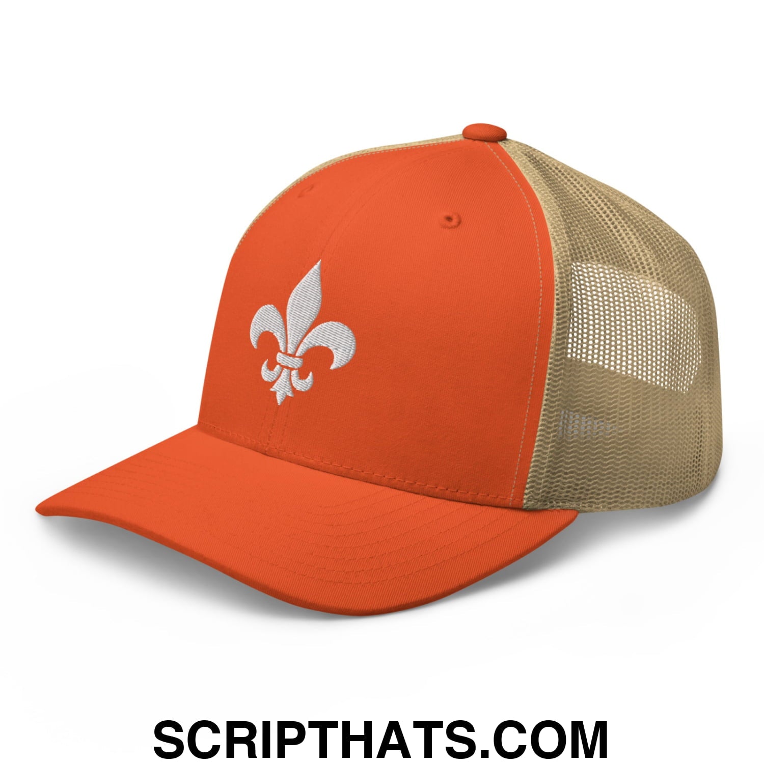Fleur De Lis Mardi Gras Embroidered Mesh Trucker Hat Rustic Orange Khaki