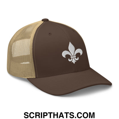 Fleur De Lis Mardi Gras Embroidered Mesh Trucker Hat Brown Khaki