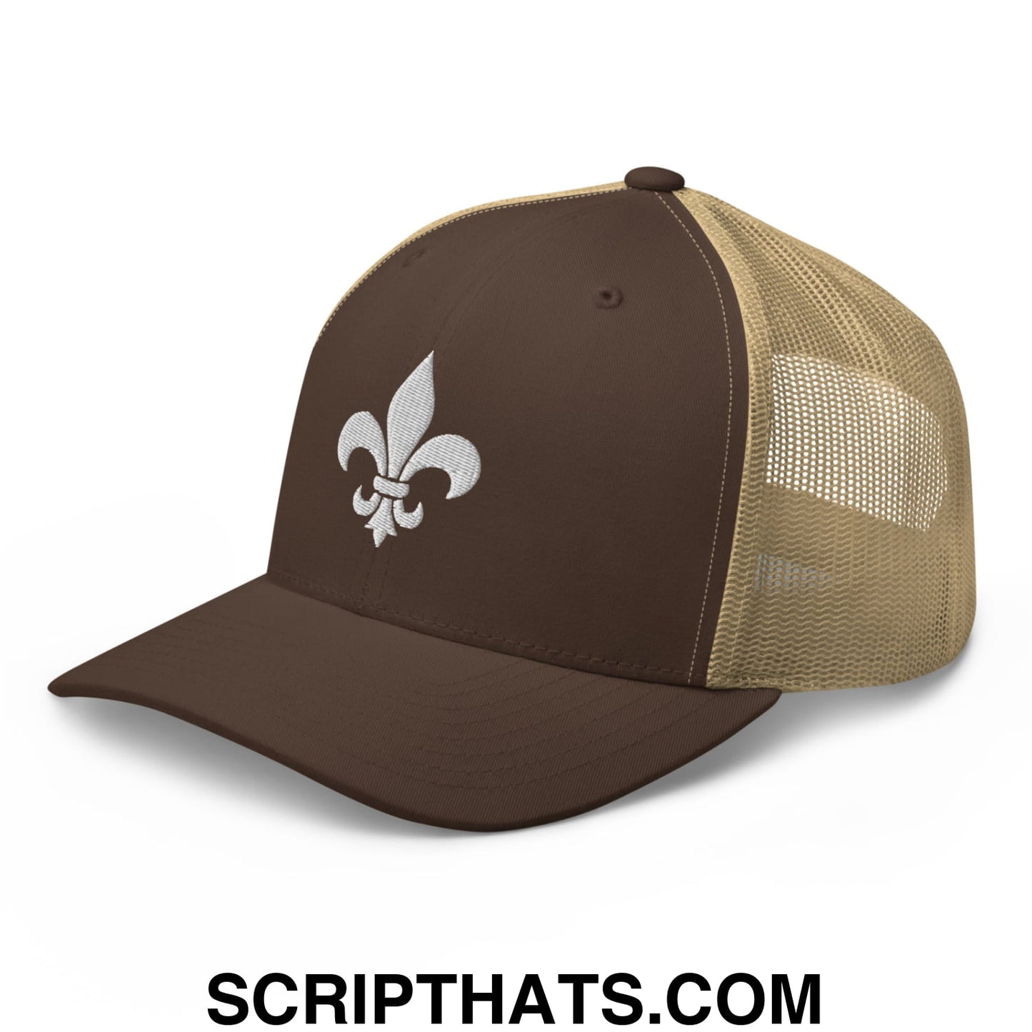 Fleur De Lis Mardi Gras Embroidered Mesh Trucker Hat Brown Khaki