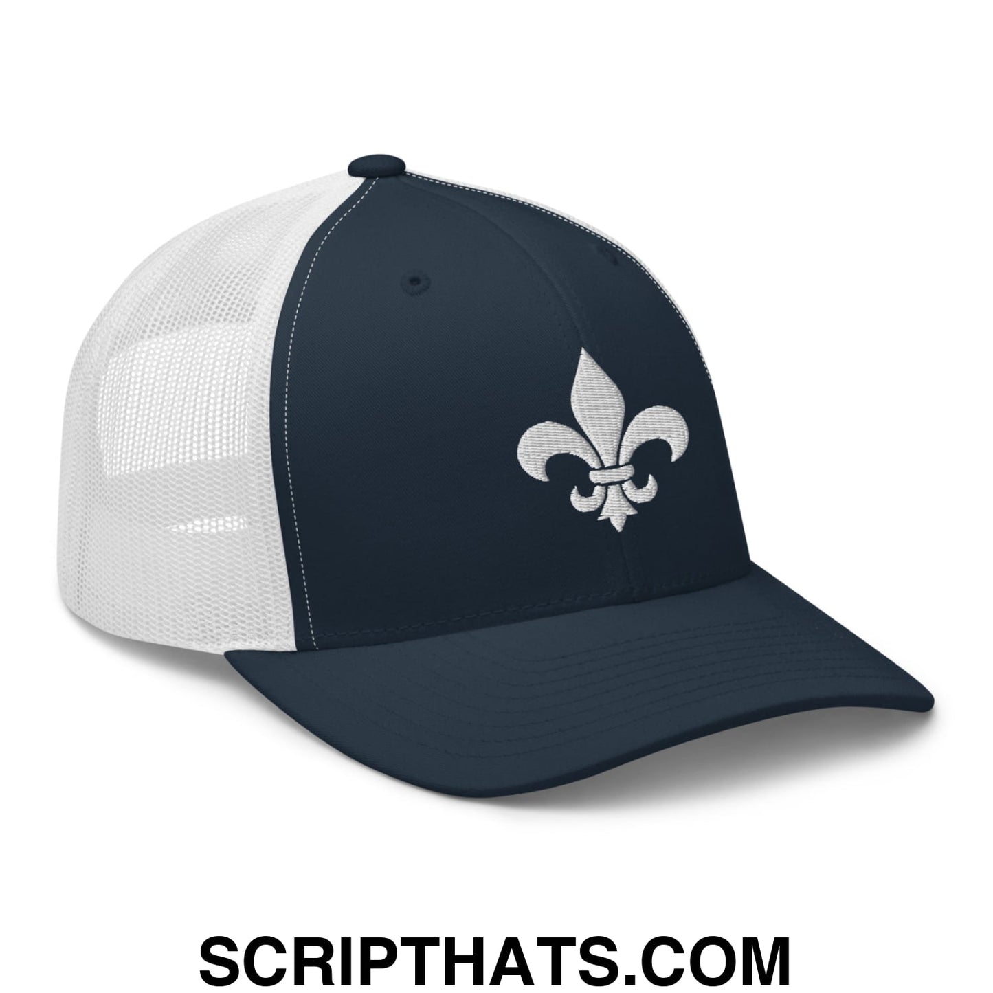 Fleur De Lis Mardi Gras Embroidered Mesh Trucker Hat Navy White