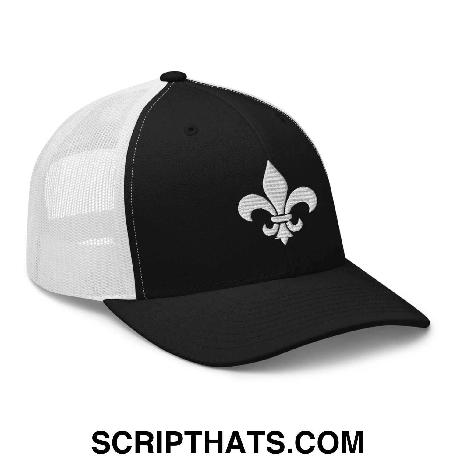 Fleur De Lis Mardi Gras Embroidered Mesh Trucker Hat Black White