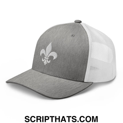 Fleur De Lis Mardi Gras Embroidered Mesh Trucker Hat Heather Grey White