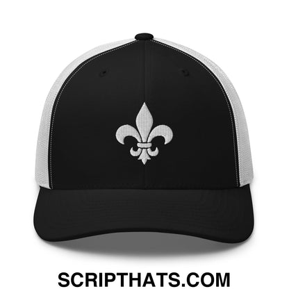 Fleur De Lis Mardi Gras Embroidered Mesh Trucker Hat Black White