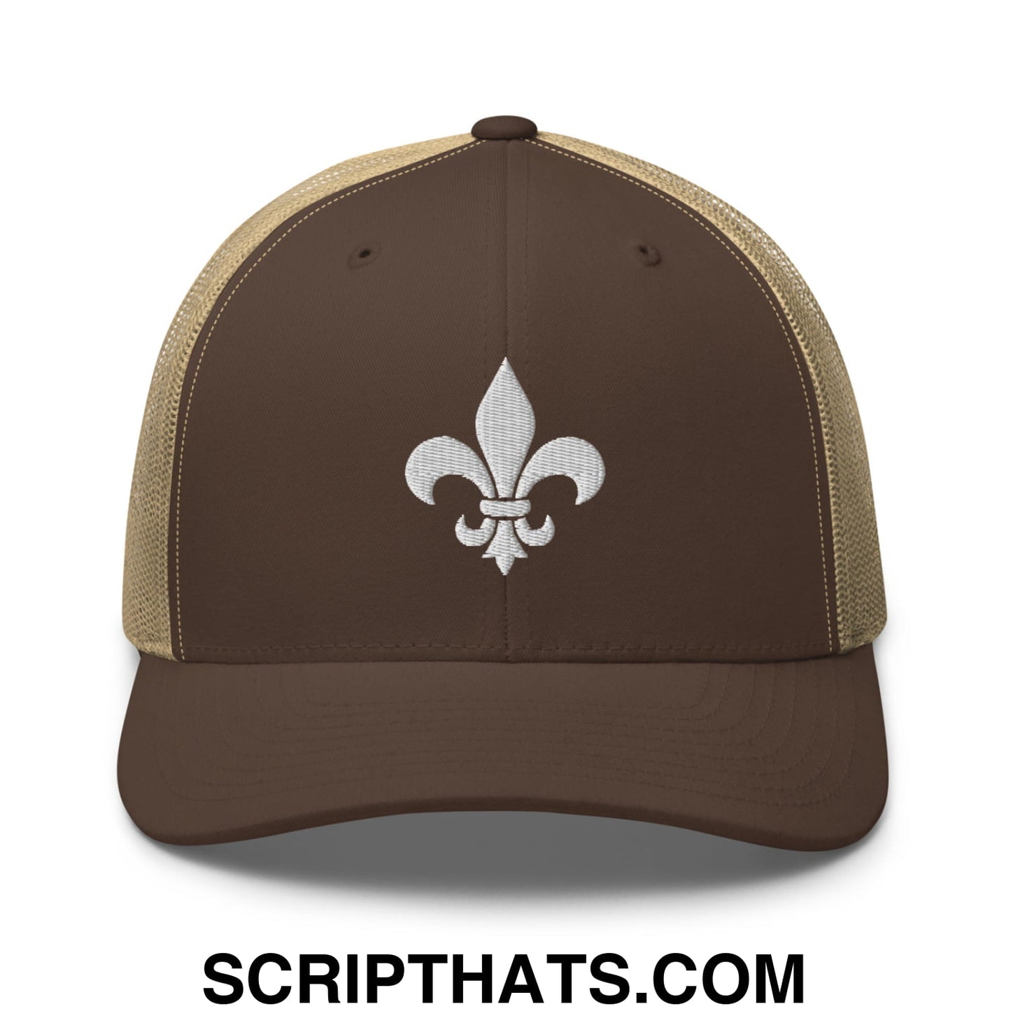 Fleur De Lis Mardi Gras Embroidered Mesh Trucker Hat Brown Khaki