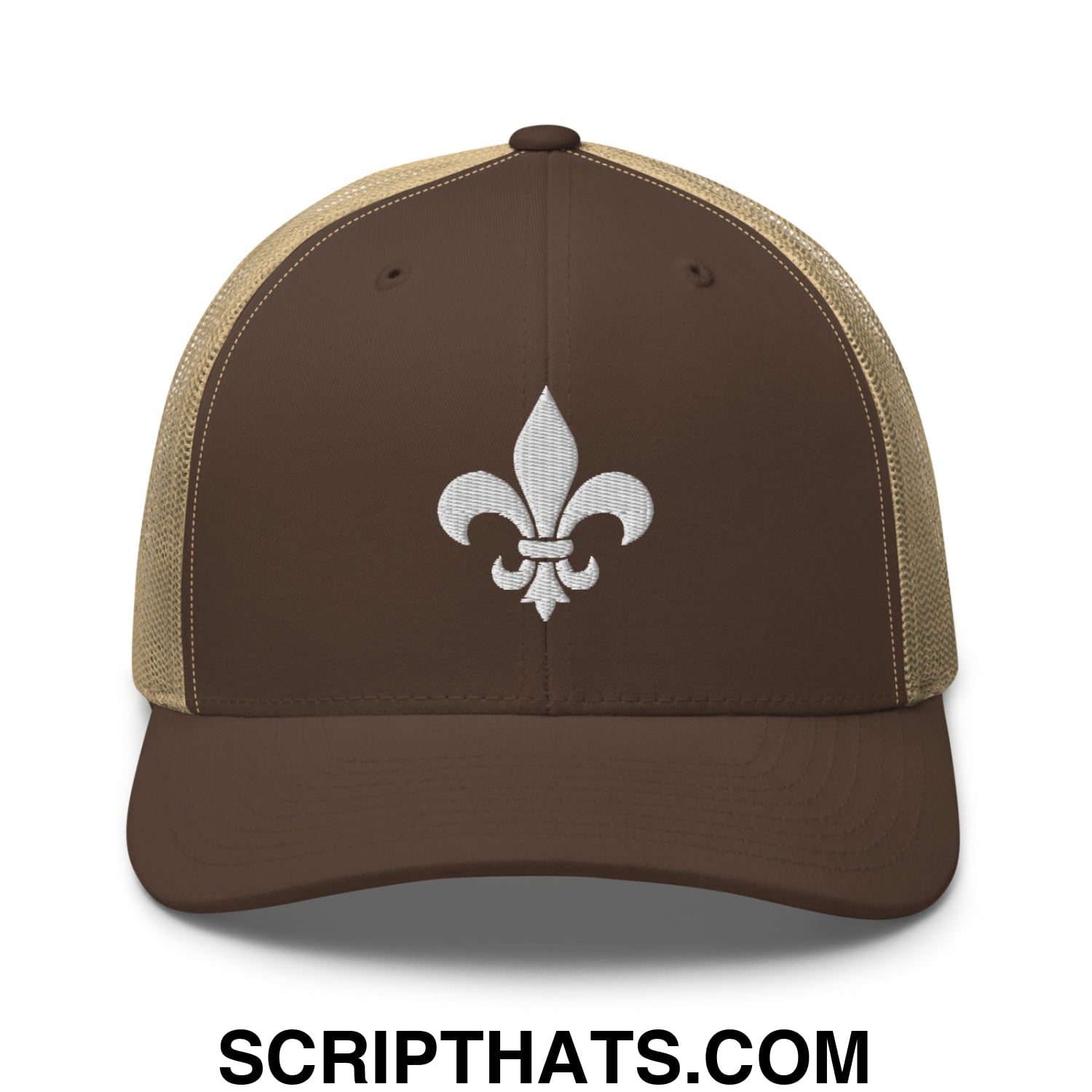 Fleur De Lis Mardi Gras Embroidered Mesh Trucker Hat Brown Khaki