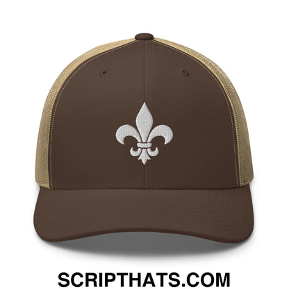 Fleur De Lis Mardi Gras Embroidered Mesh Trucker Hat Brown Khaki