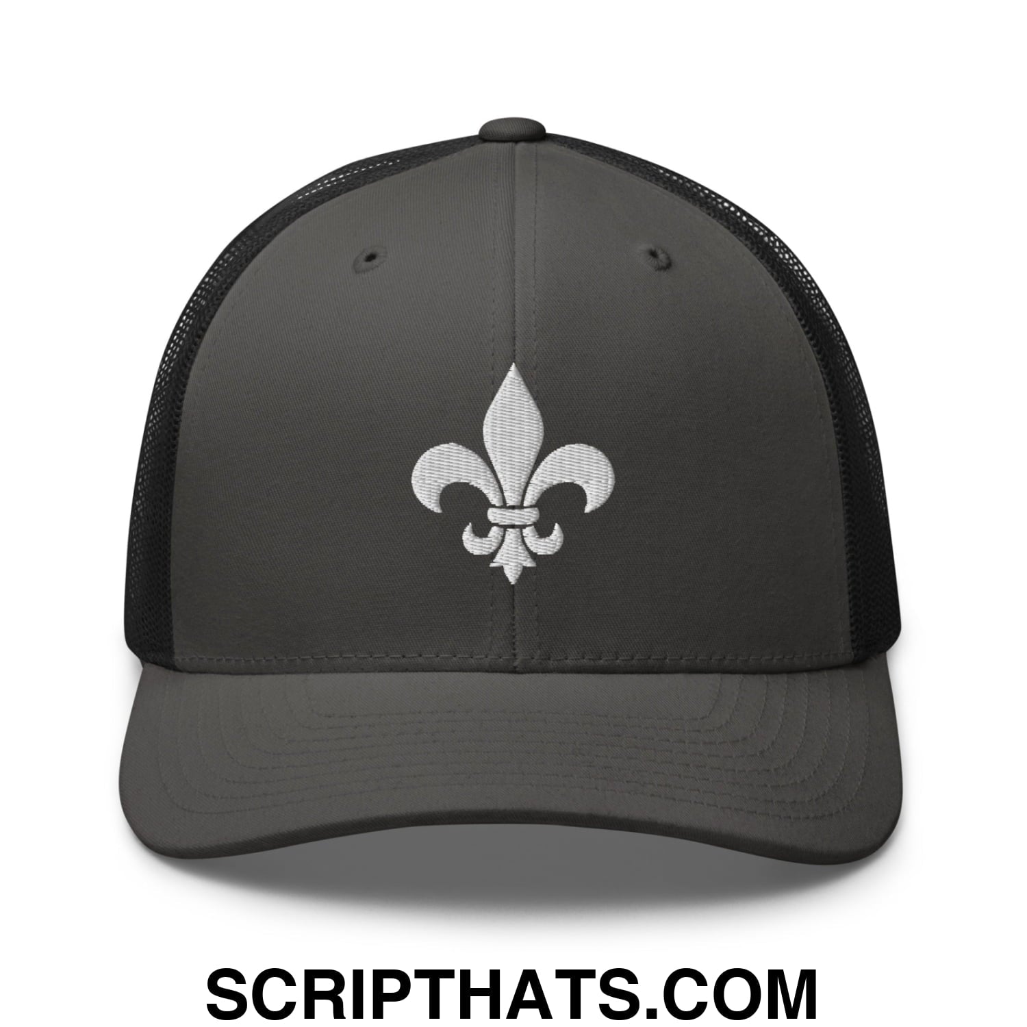 Fleur De Lis Mardi Gras Embroidered Mesh Trucker Hat Charcoal Black