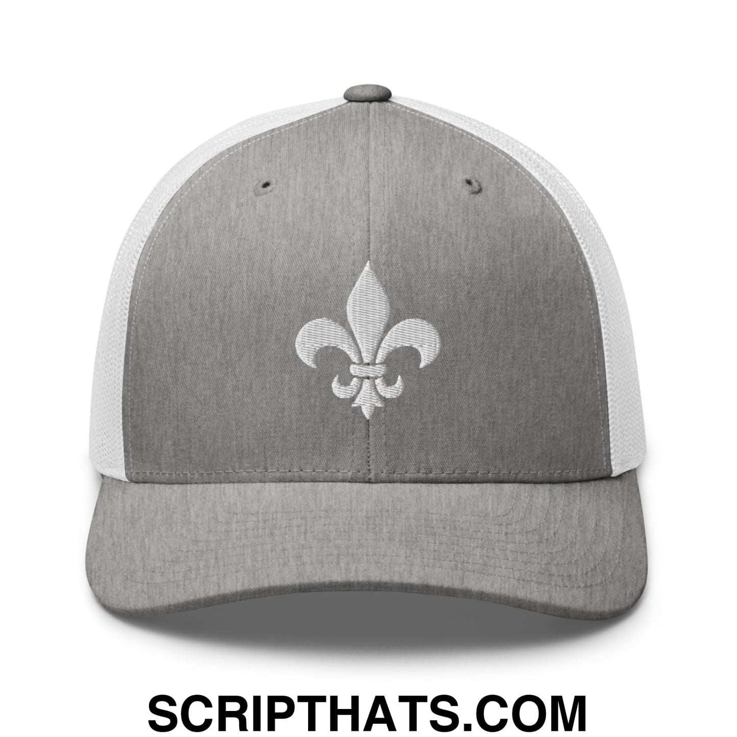 Fleur De Lis Mardi Gras Embroidered Mesh Trucker Hat Heather Grey White