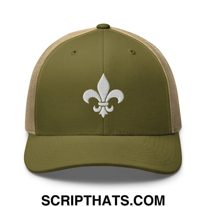 Fleur De Lis Mardi Gras Embroidered Mesh Trucker Hat Moss Khaki