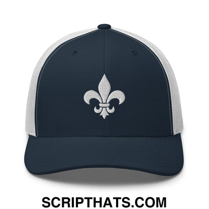 Fleur De Lis Mardi Gras Embroidered Mesh Trucker Hat Navy White