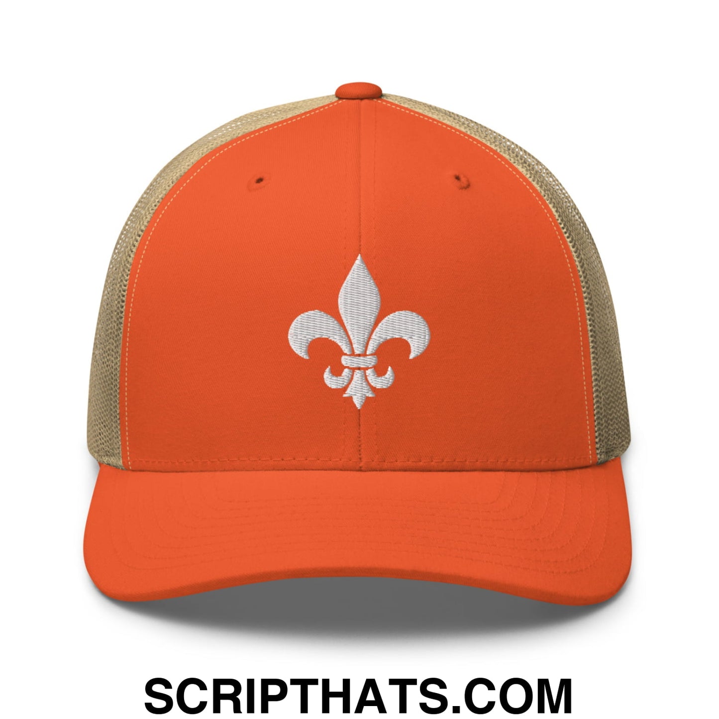 Fleur De Lis Mardi Gras Embroidered Mesh Trucker Hat Rustic Orange Khaki